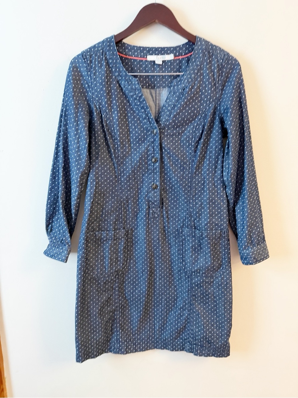 Boden Blue Denim Dot Print Long Sleeve Shift Dress size 4R